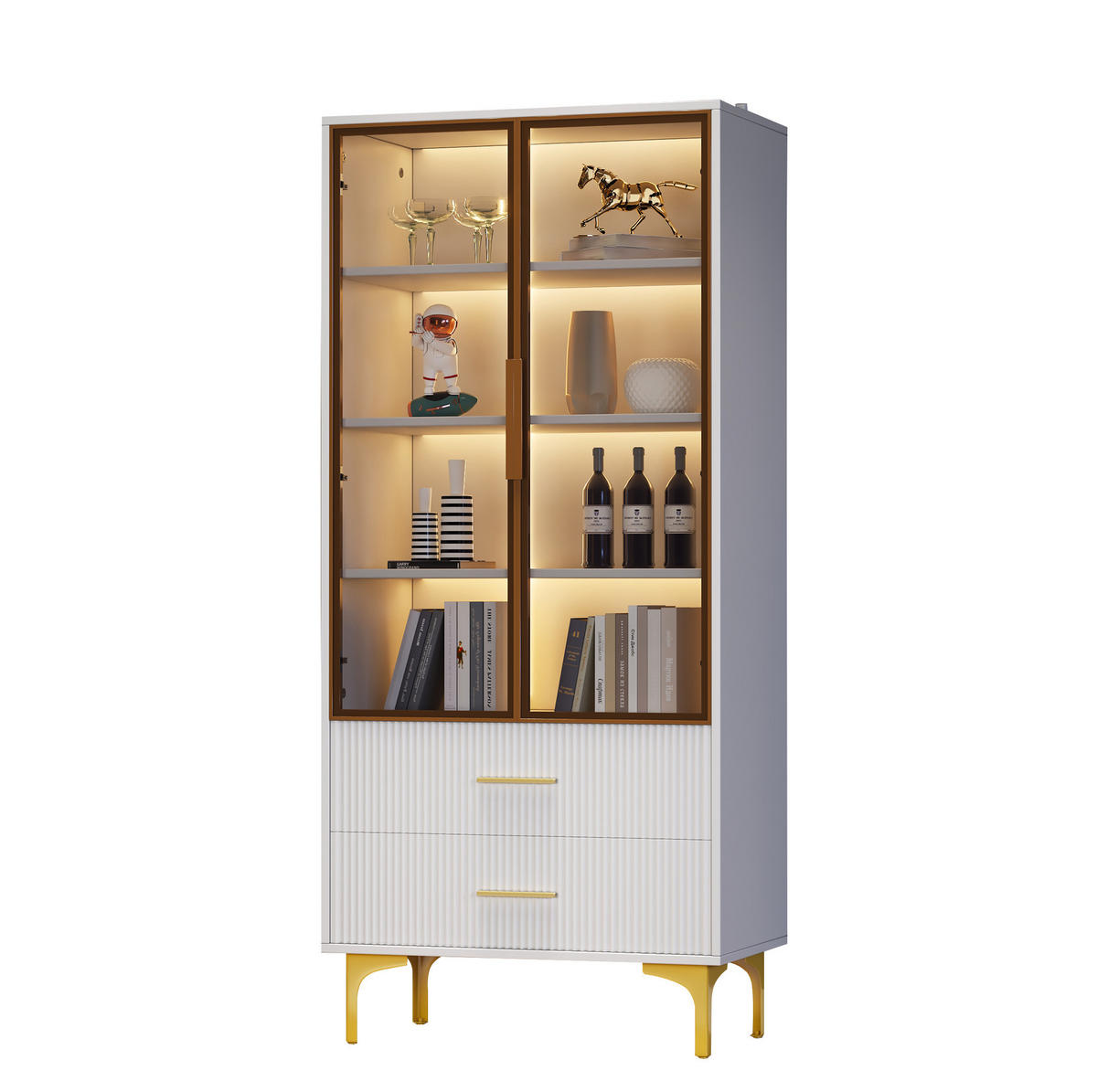 HIGHBOARD mit Glastüren 70/35/150 cm in Weiß mit LED und 2 Schubladen - Weiß, Holzwerkstoff (70/150/35cm) - BEAOK