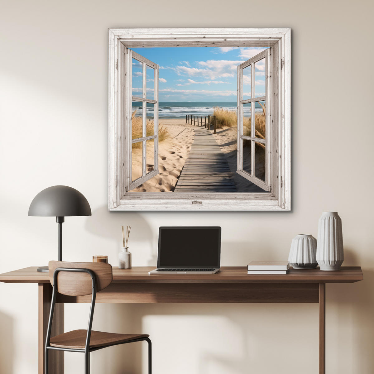 KOVOVÝ OBRAZ Okno - more - pobrežie - príroda - výhľad - pláž - Waddenské more 90x90 cm - béžová, kov (90/90cm) - MuchoWow
