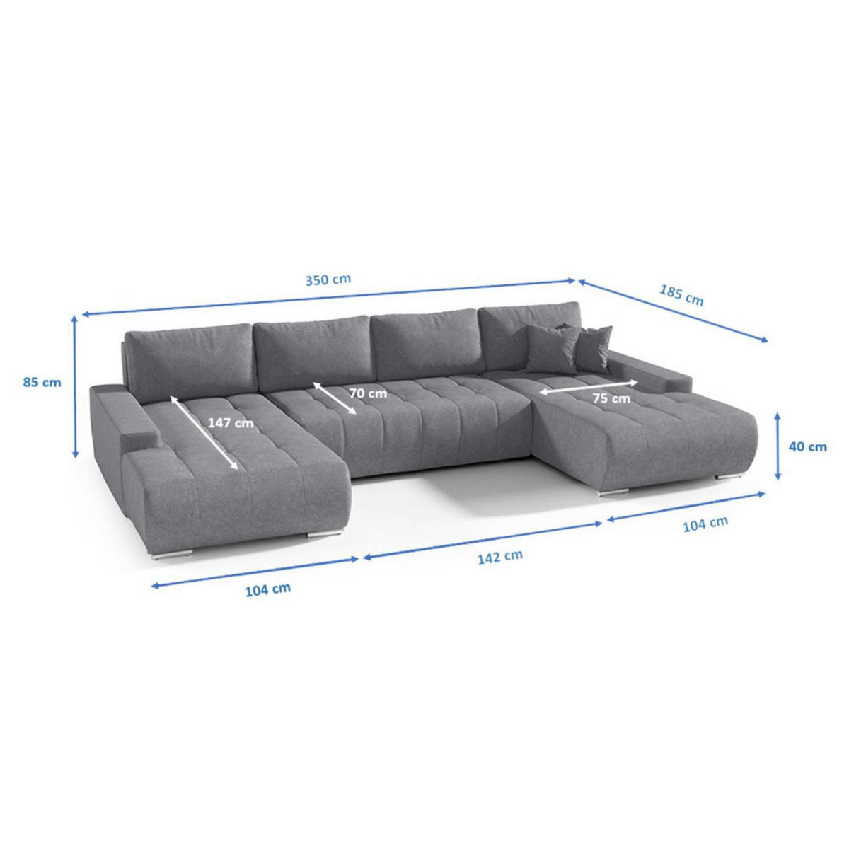 WOHNLANDSCHAFT Draco U Grau - Silberfarben/Hellgrau, Textil/Metall (350/85/185cm) - Beautysofa