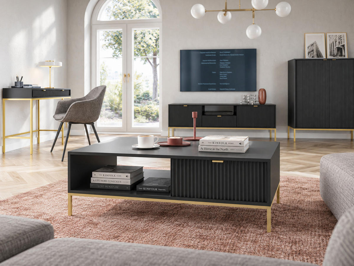 COUCHTISCH Kioto 104 cm in Schwarz mit Schubladen und Metallbeinen - Goldfarben/Schwarz, Holzwerkstoff/Metall (68/104/46cm) - Ravio