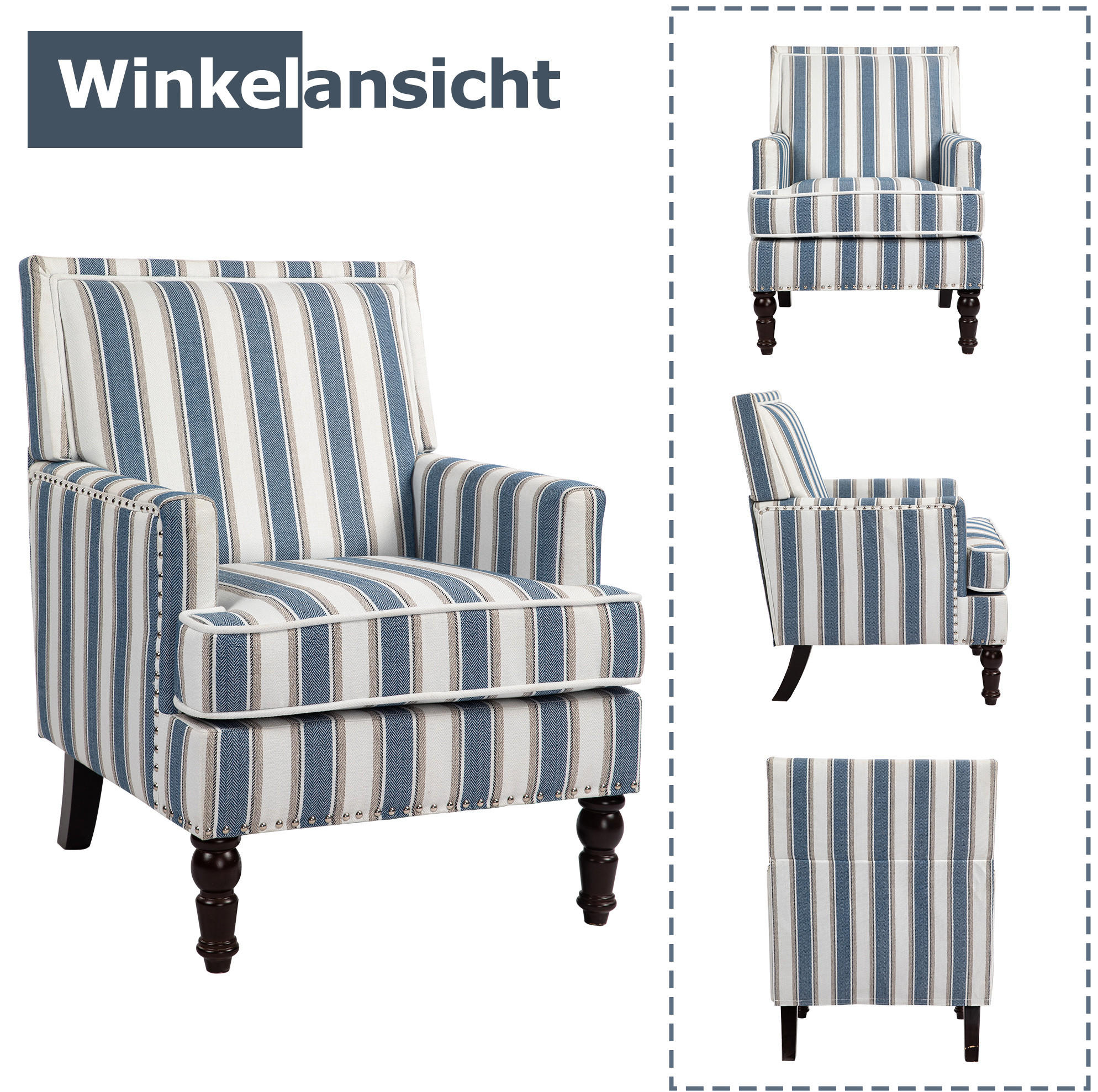 SESSEL in Blau-Weiß gestreift aus Baumwoll-Leinen mit Holzgestell,69/69/89 cm - Blau, Textil (69/89/69cm) - BEAOK