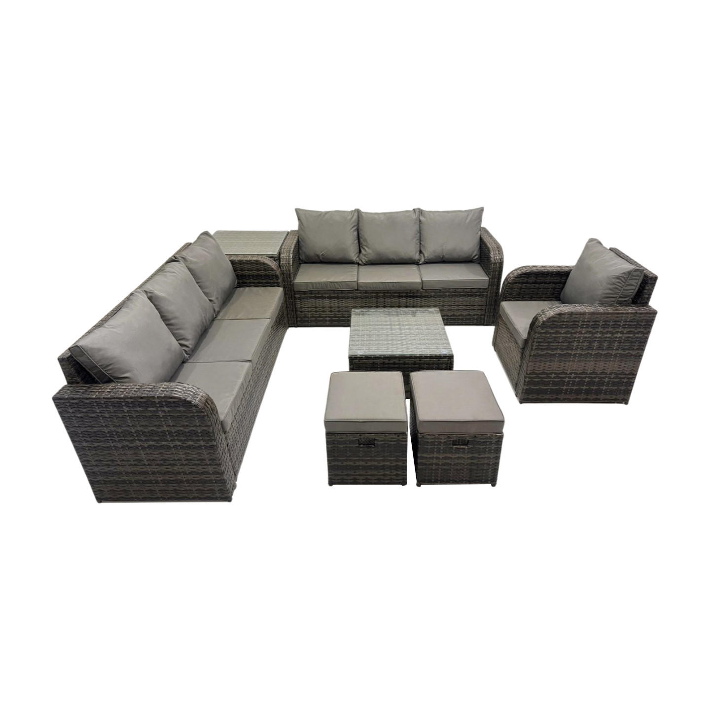 GARTENMÖBEL SET mit 3-SITZER SOFA Polyrattan Dunkelgrau 9-Sitzer - Dunkelgrau/Grau, Glas/Kunststoff - Fimous