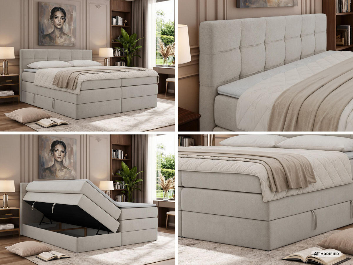 BOXSPRINGBETT SOLVEN KING 160/200 - Hellgrau Jersey - Topper Visco - H3 - Hellgrau/Schwarz, Kunststoff/Textil (160/200cm) - MKS