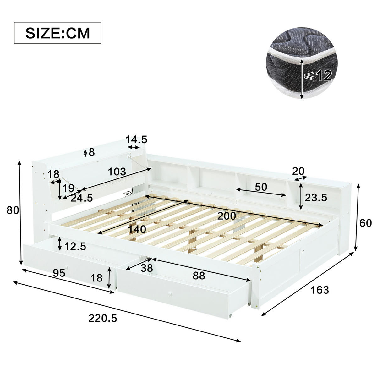 MANŽELSKÁ posteľ 140/200 cm biela s úložným čelom, osvetlením a nabíjacou zásuvkou z masívu a MDF - biela, drevo (140/200cm) - OKWISH