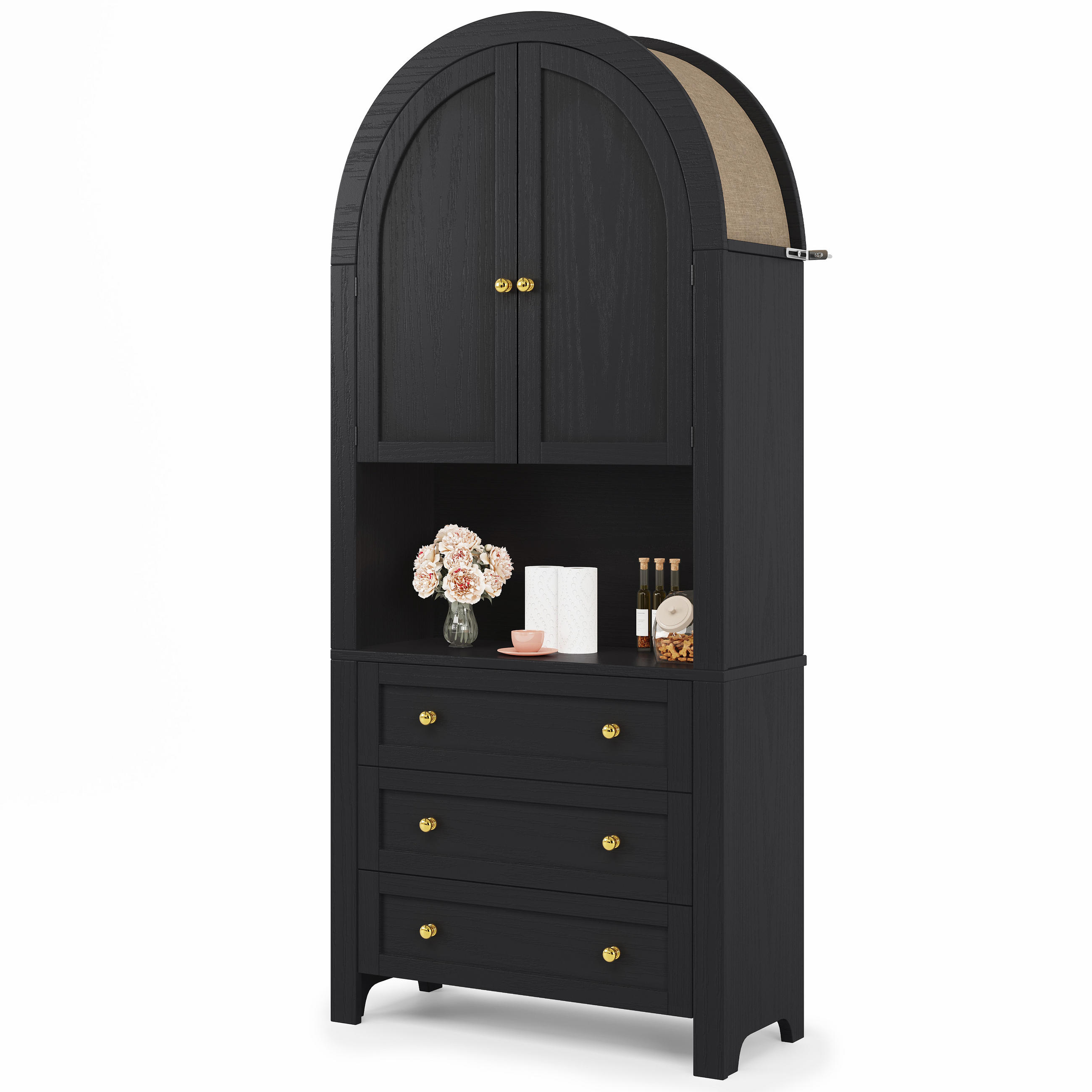 SIDEBOARD Schwarz, Türen, Schubladen, offene Bogenregale - Schwarz, Holz (70/180/35cm)