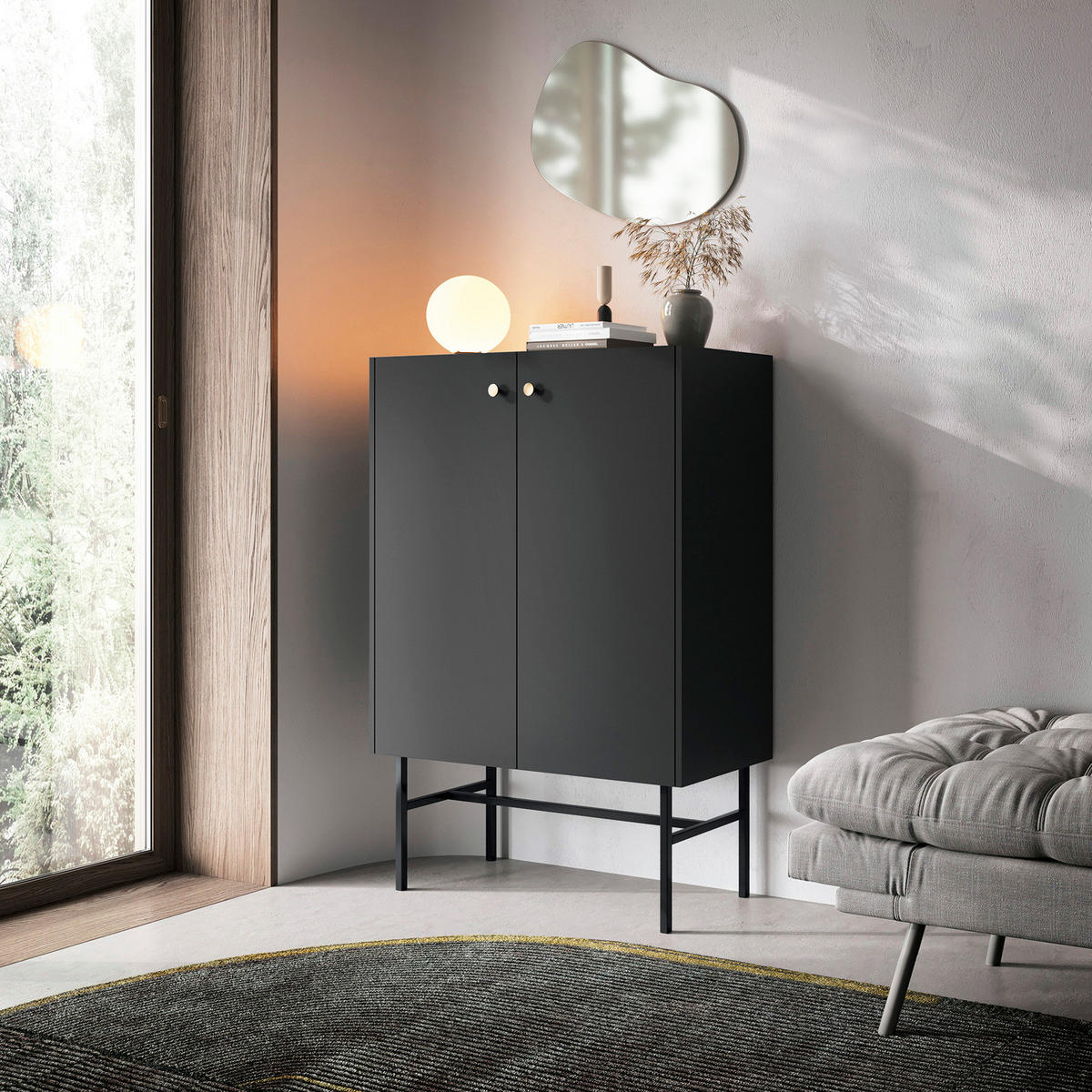 HIGHBOARD Dalia mit 2 Türen und Metallbeinen, 104 cm, Schwarz - Schwarz, Holzwerkstoff/Metall (93/132/39cm) - Beautysofa