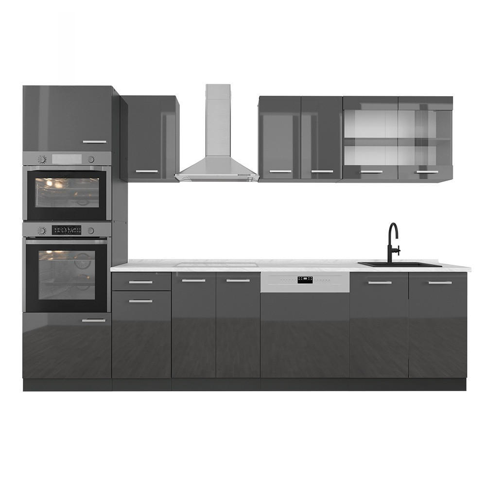 KUHINJSKI BLOK R-Line Antracit z visokim sijajem 300 cm z visoko omaro, DP Marmor - črna/visok sijaj, leseni material (300/81.6/60cm) - Vicco