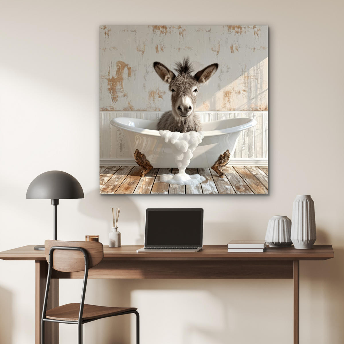 KOVOVÝ OBRAZ Osol - Zvieratá - Vaňa - Pena 90x90 cm - biela, kov (90/90cm) - MuchoWow