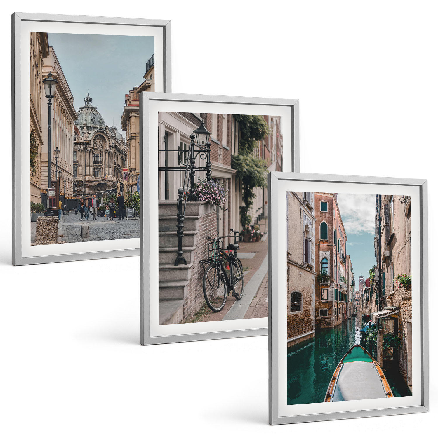 BILDER SET 3er Set - 40x60 cm Silberner Rahmen - Venedigs Wasserstraßen - Silberfarben, Kunststoff (40/60cm) - TULUP