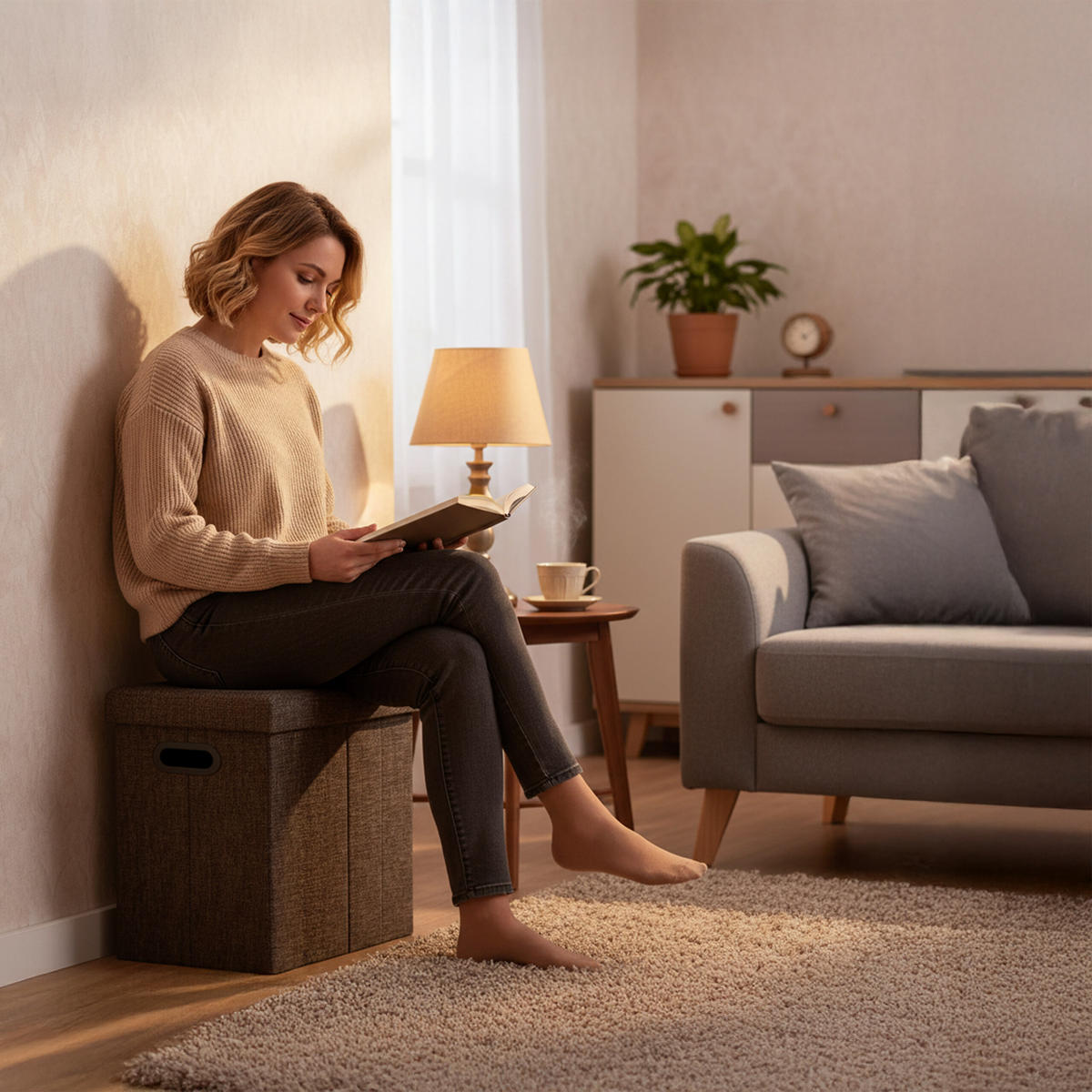 SITZHOCKER - Braun, Holzwerkstoff/Textil (46/25.5/49.5cm) - Relaxdays