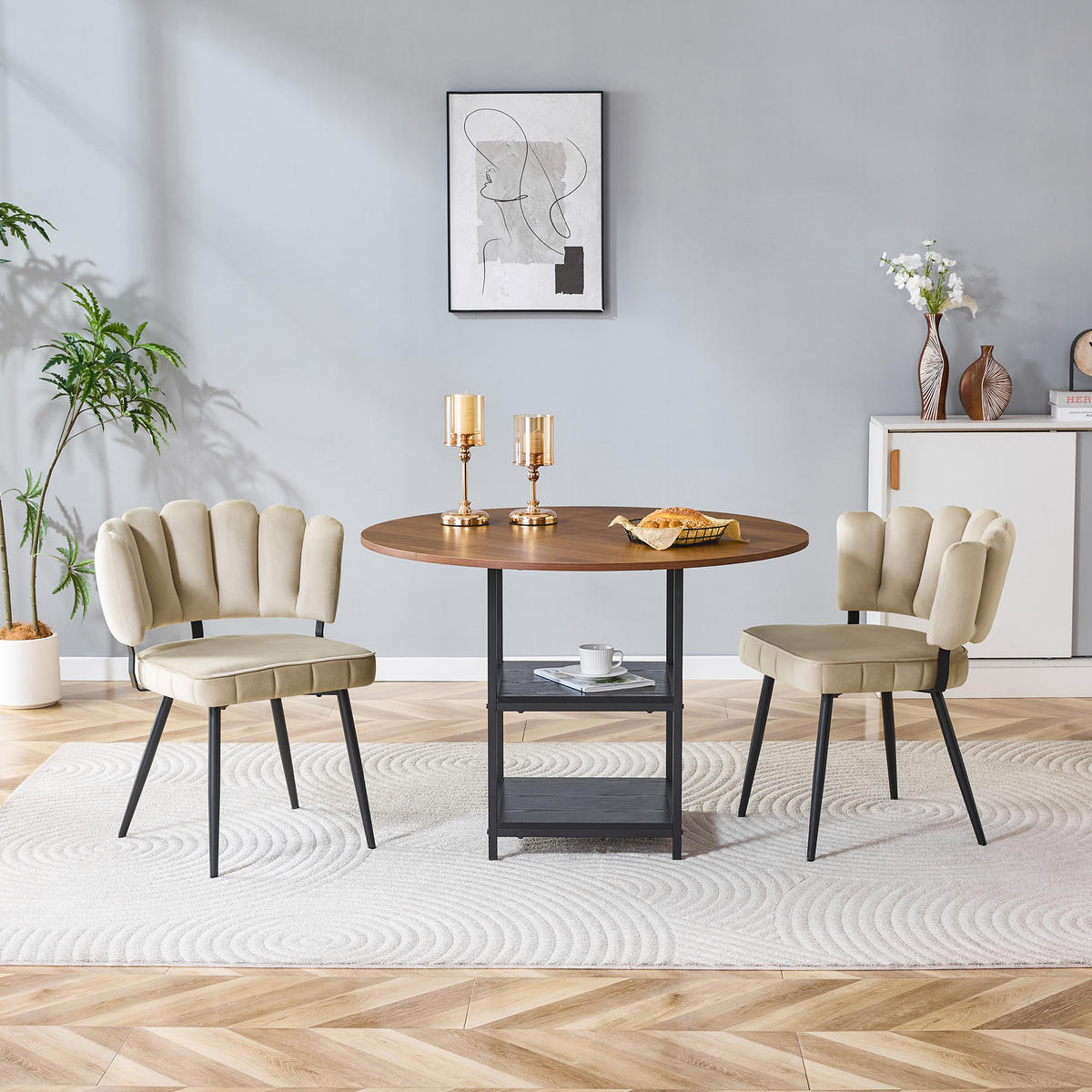 TISCHGRUPPE 3-tlg Rund Nussbaum-Optik 107cm - Beige, Holzwerkstoff/Metall (68/25/83.5cm) - Raelunyi