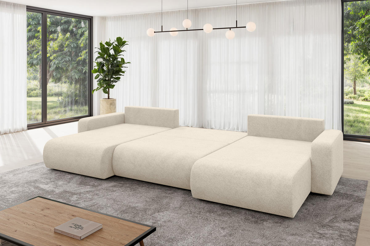 SEDACÍ SOUPRAVA DO U s funkcí spaní a úložným prostorem BERY-U 377x193x88 krémová velur - černá/krémová, kompozitní dřevo/textil (377/88/193cm) - ALTDECOR