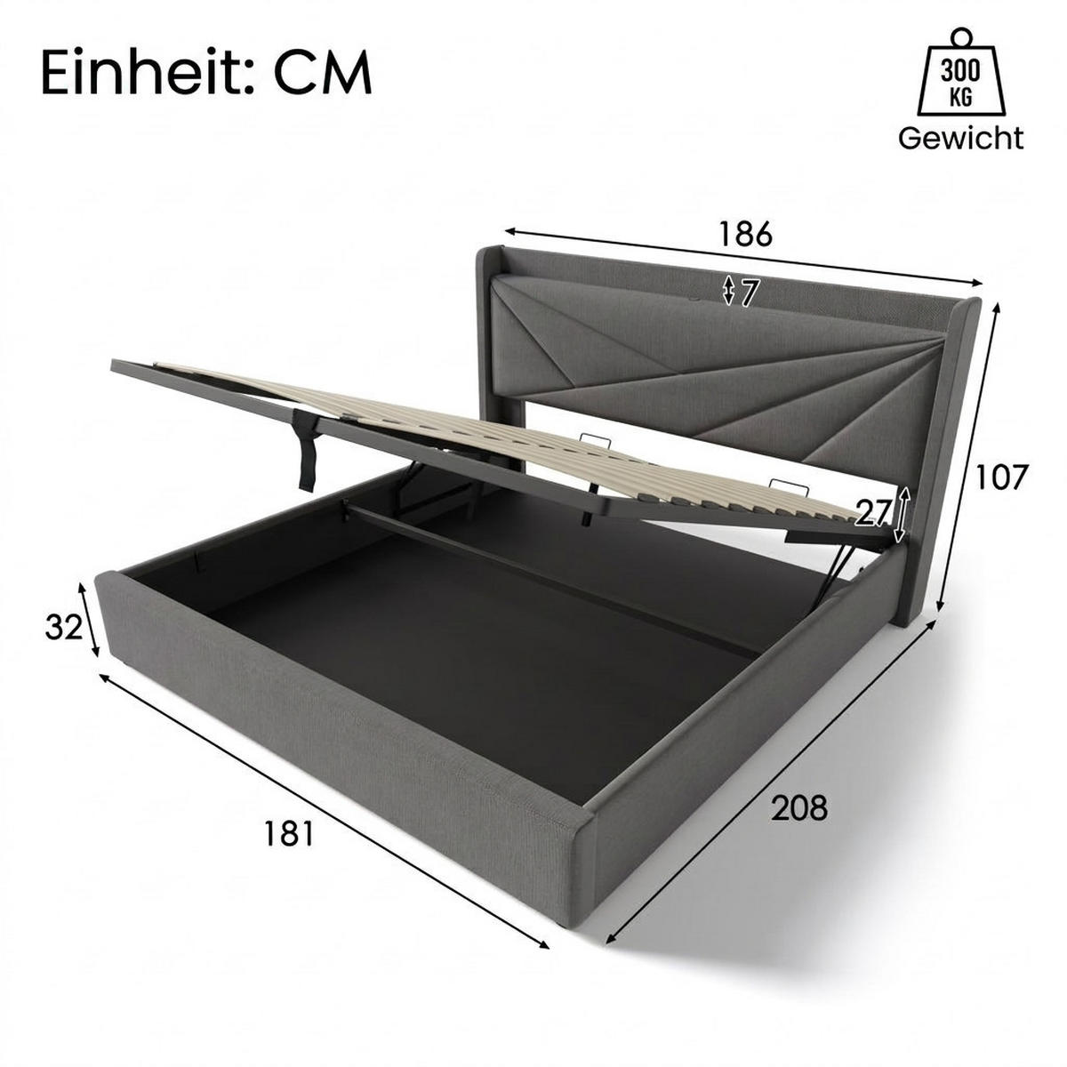 POLSTERBETT 180/200 cm Grau mit USB Typ C Ladefunktion und Stauraumbetten (Ohne Matratze) - Grau, Textil (180/200cm) - Oxeza