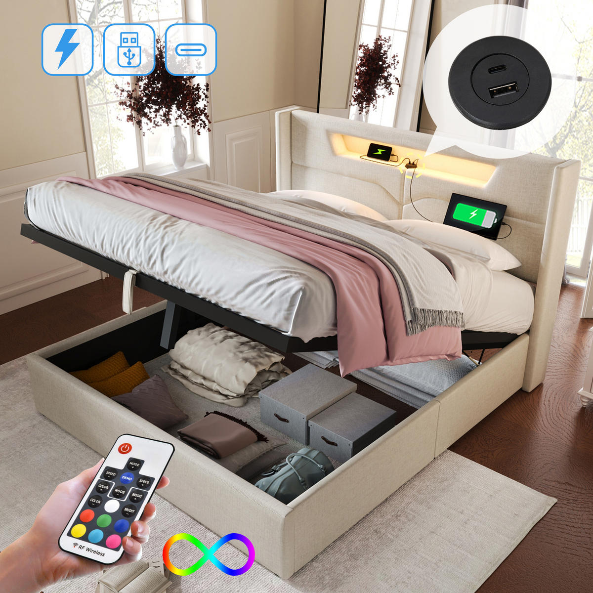 POLSTERBETT 140/200 cm Beiger Leinenstoff mit LED-Beleuchtung und USB-Ladefunktion - Beige, Textil (140/200cm) - OKWISH