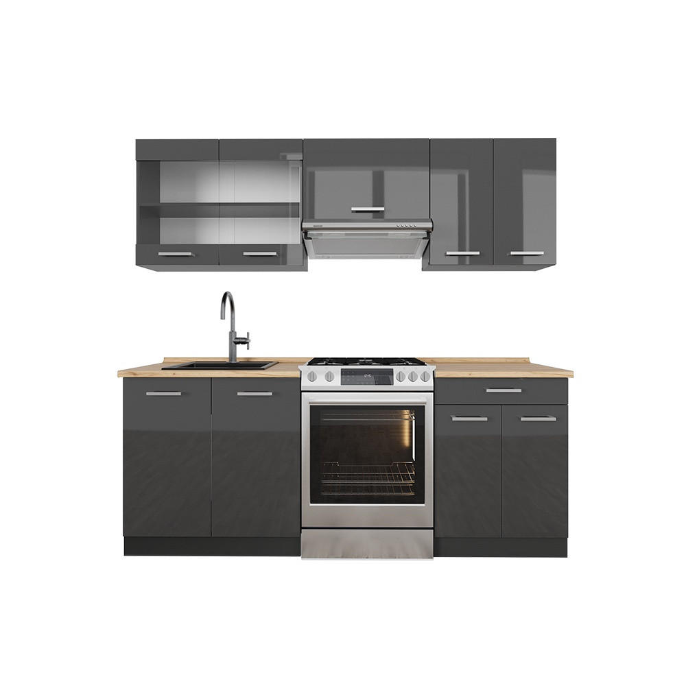 KUHINJSKI BLOK R-Line Antracit visok sijaj/antracit 200 cm , DP Hrast - črna/visok sijaj, leseni material (200/81.6/60cm) - Vicco