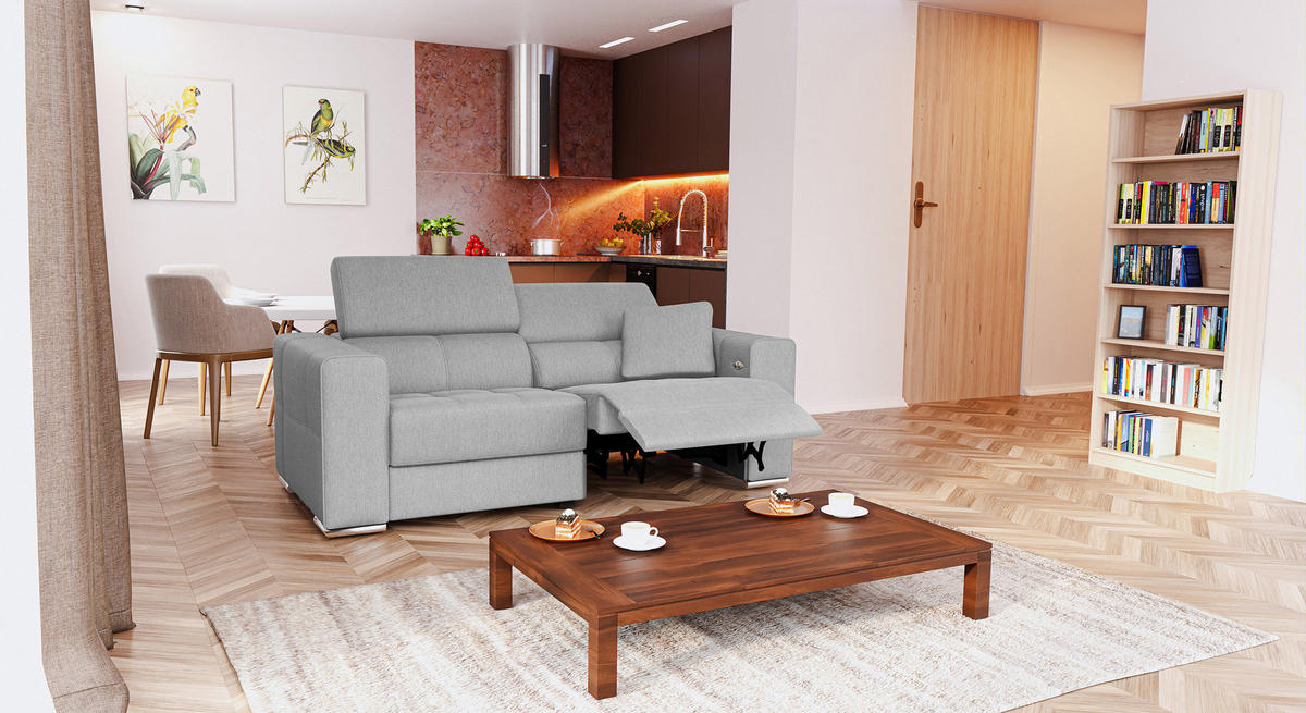 SOFA QUARTZ 3-Sitzer mit 1 Relaxfunktion, hellgrau - Silberfarben/Hellgrau, Holzwerkstoff/Textil (204/80/102cm) - Courtois Laville