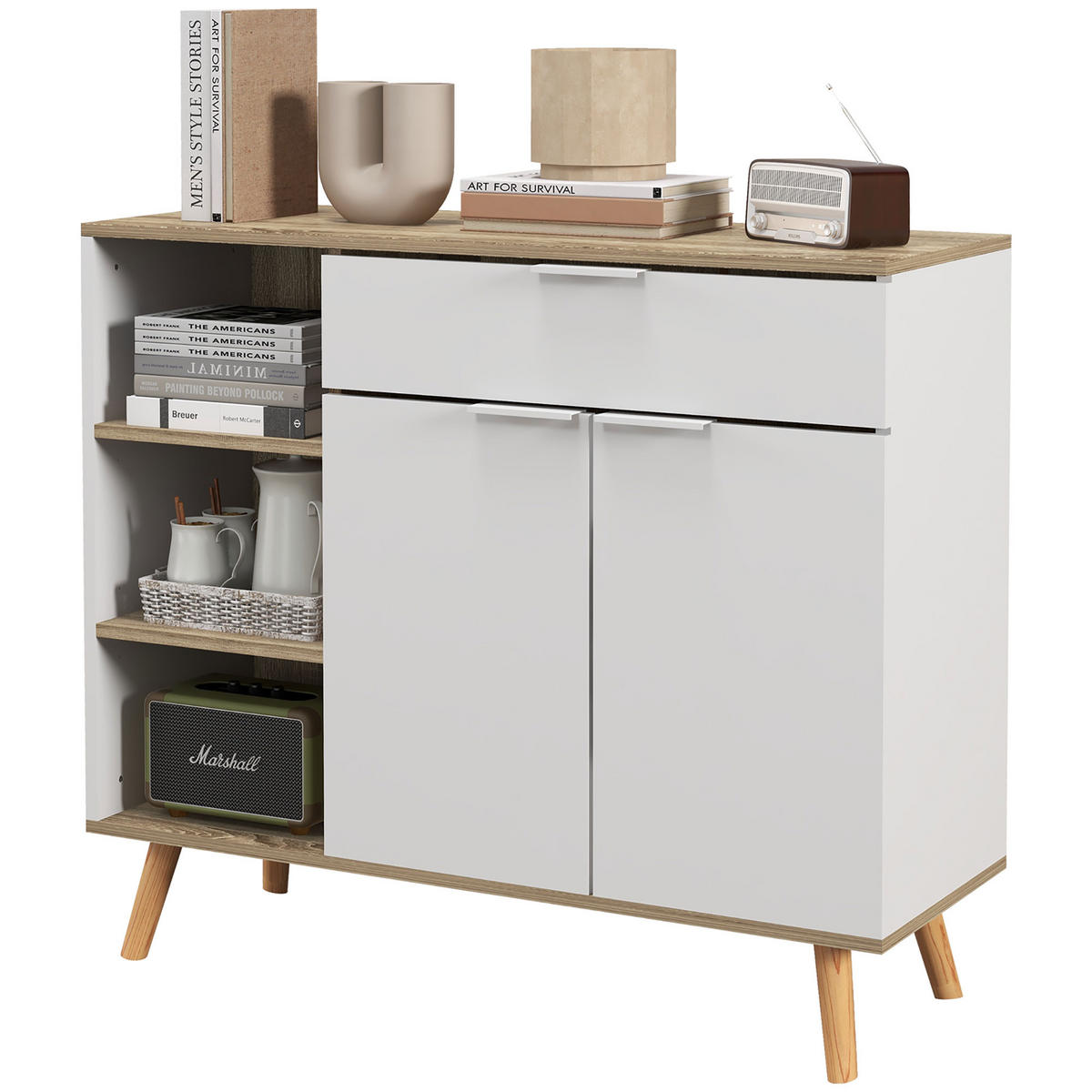 SIDEBOARD Weiß und Natur, 1 Schublade, 2 Türen, 95/35/85 cm - Weiß, Holz (95/85/35cm) - PANGIVO