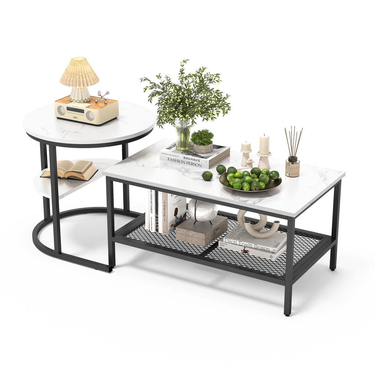 COUCHTISCH 2er SET, Weiß + Schwarz - Schwarz/Weiß, Metall (80/46/41cm)