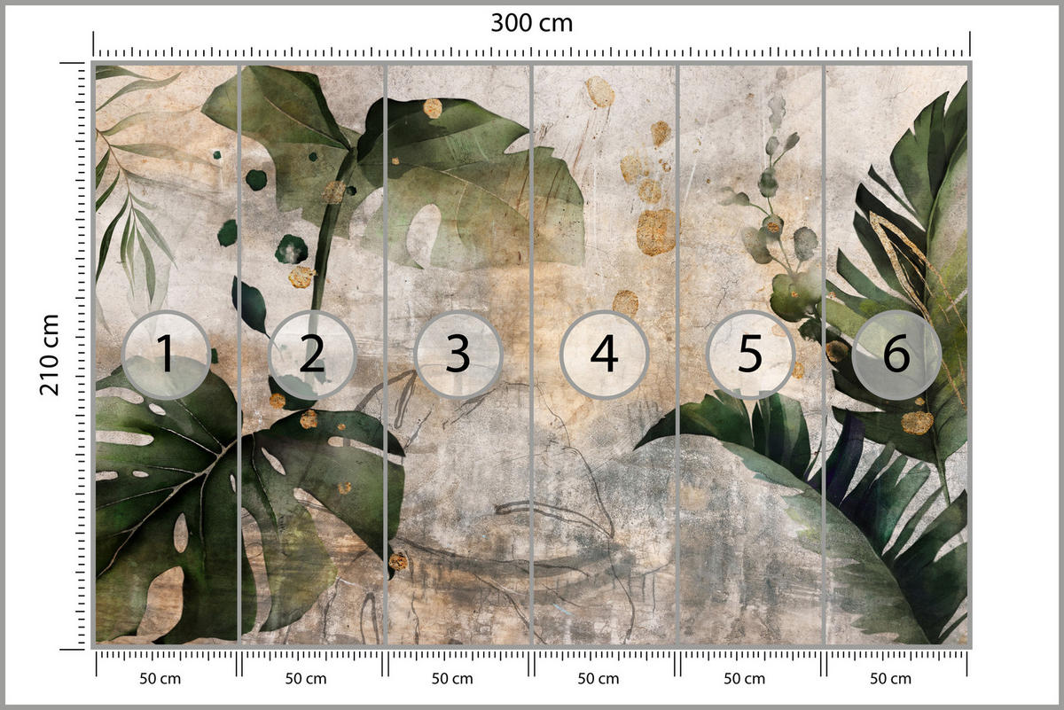 FOTOTAPETE für Schlafzimmer Tropisch Monstera Aquarell Retro 300x210 - Beige/Orange, Papier (300/210cm) - Muralo
