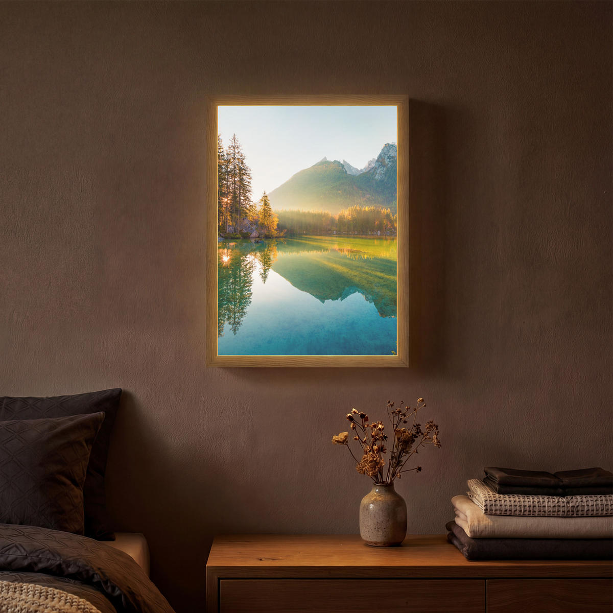 WANDLEUCHTE MIT AKKU See - Wald - Berge - Natur - Sonne - Landschaft 30x40 cm - Grün, Holzwerkstoff (30/40/8cm) - OnlyWow