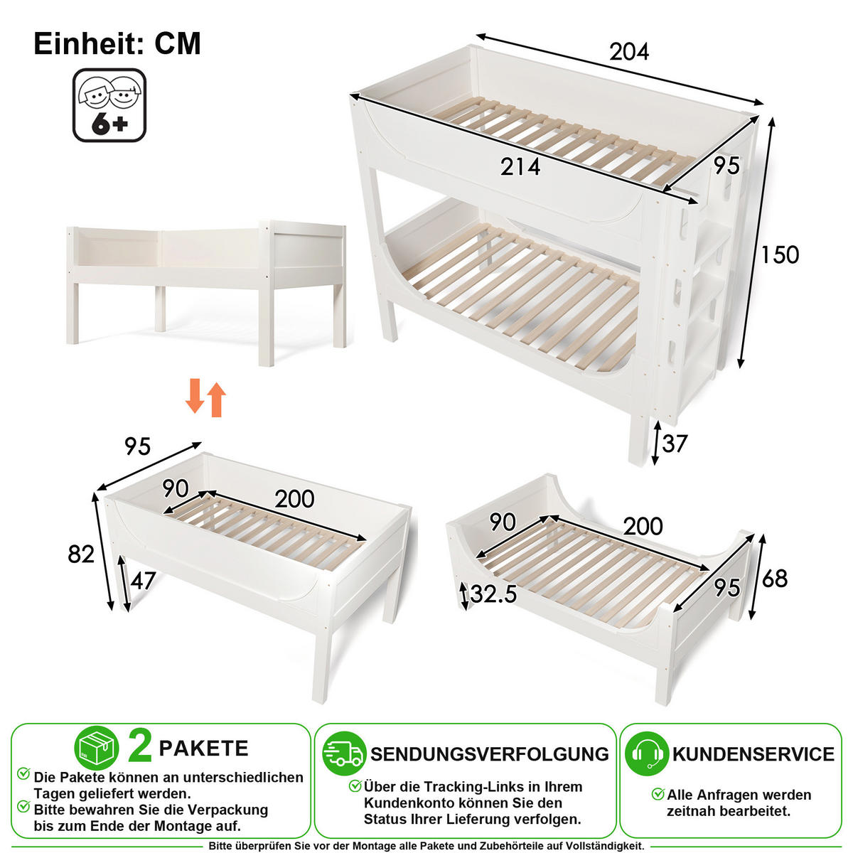 PATROVÁ POSTEL 90/200 cm v bílé barvě s dělitelnou konstrukcí a variabilním žebříkem - bílá, dřevo/kompozitní dřevo (90/200cm) - CHICFURN