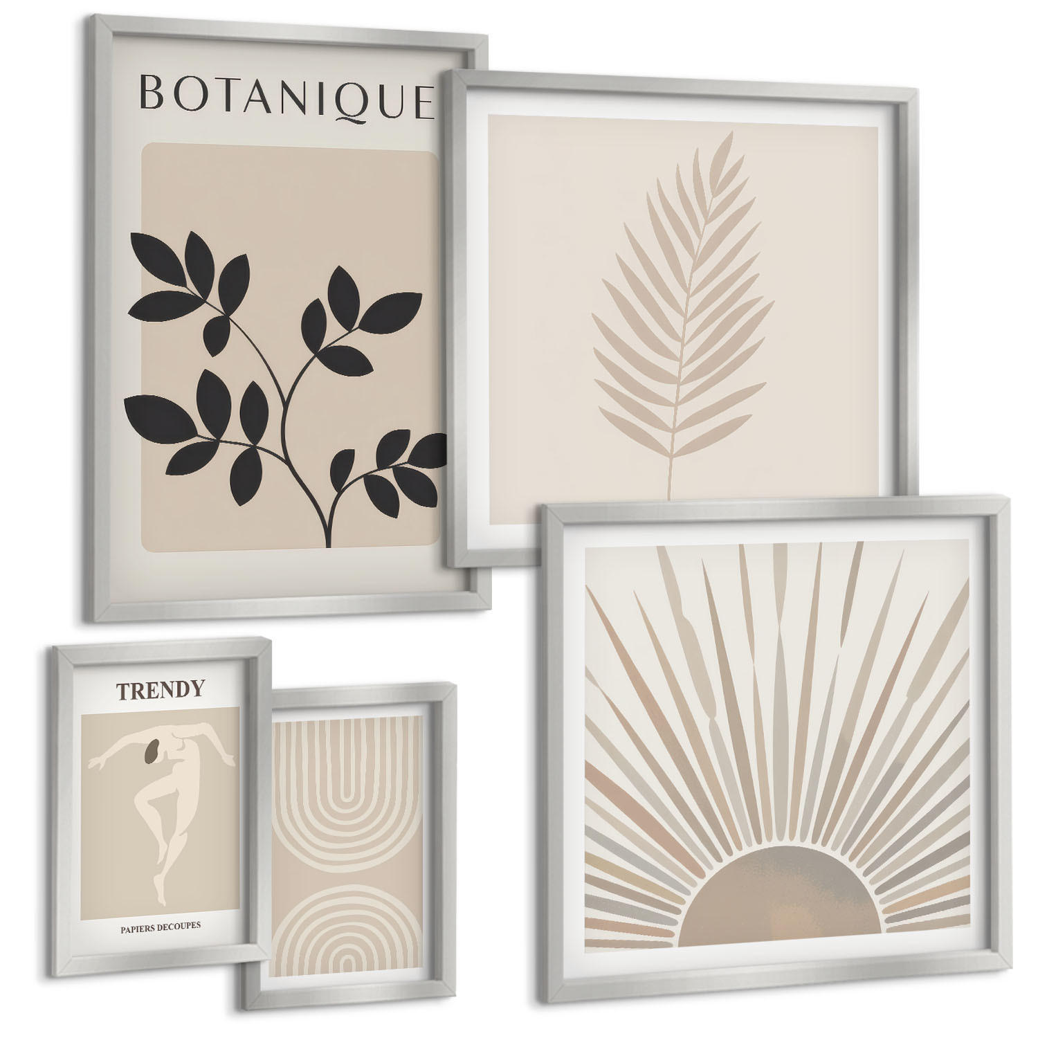 BILDER SET 5er Set - 50x50 cm & 20x30 cm & 40x60 cm Silberner Rahmen - Abstrakte Poster im Boho-Stil in Pastellfarben - Silberfarben, Kunststoff (40/60cm) - TULUP