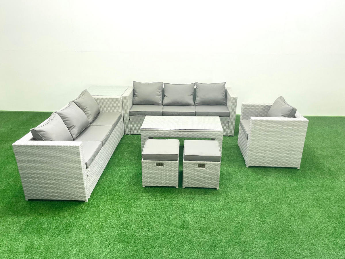 GARTENSOFA hohe Rückenlehne Polyrattan Hellgrau-Mix 9-Sitzer - Hellgrau/Grau, Glas/Kunststoff - Fimous