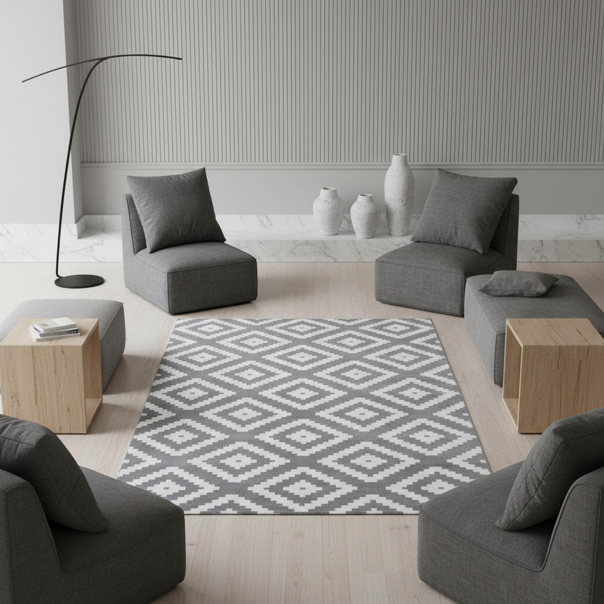 TEPPICH Flur Geometrisch Pflegeleicht Waschbar Wohnzimmer OEKO-TEX Grau 140x200 cm Gekettelt – INN - Grau, Textil (140/200cm) - KADIMA DESIGN