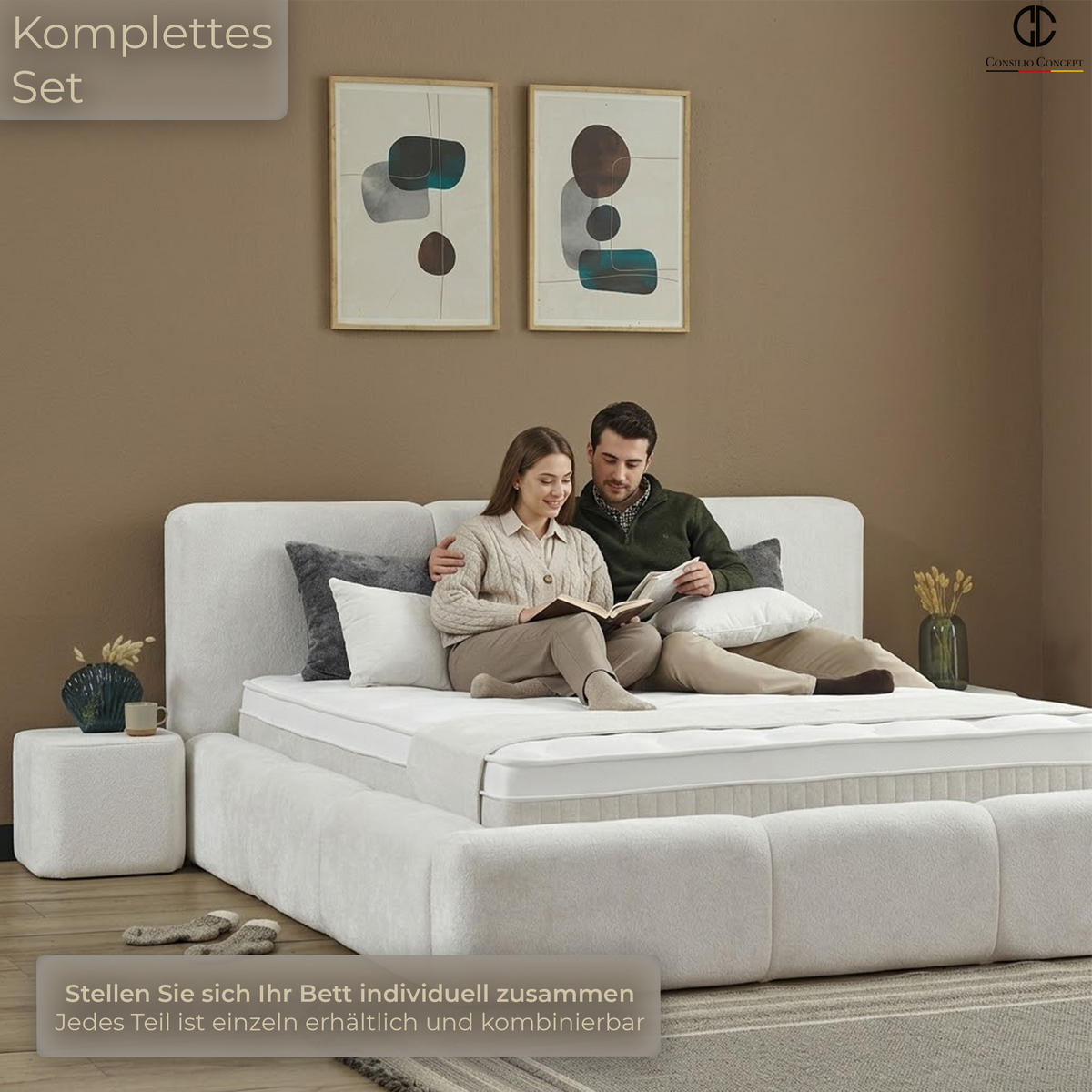 BOXSPRINGBETT MIT BETTKASTEN ELSA 180/200 cm, Ivory, Bettkasten, Matratze, Topper integriert, H3 mittel - Creme/Schwarz, Holz/Kunststoff (180/200cm) - Consilio Concept