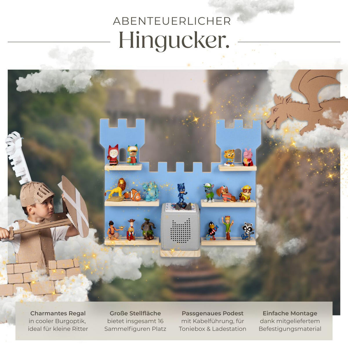 WANDREGAL für Toniebox, mit Magnetstreifen, blau - Blau, Holz (56/43/15.5cm) - tectake