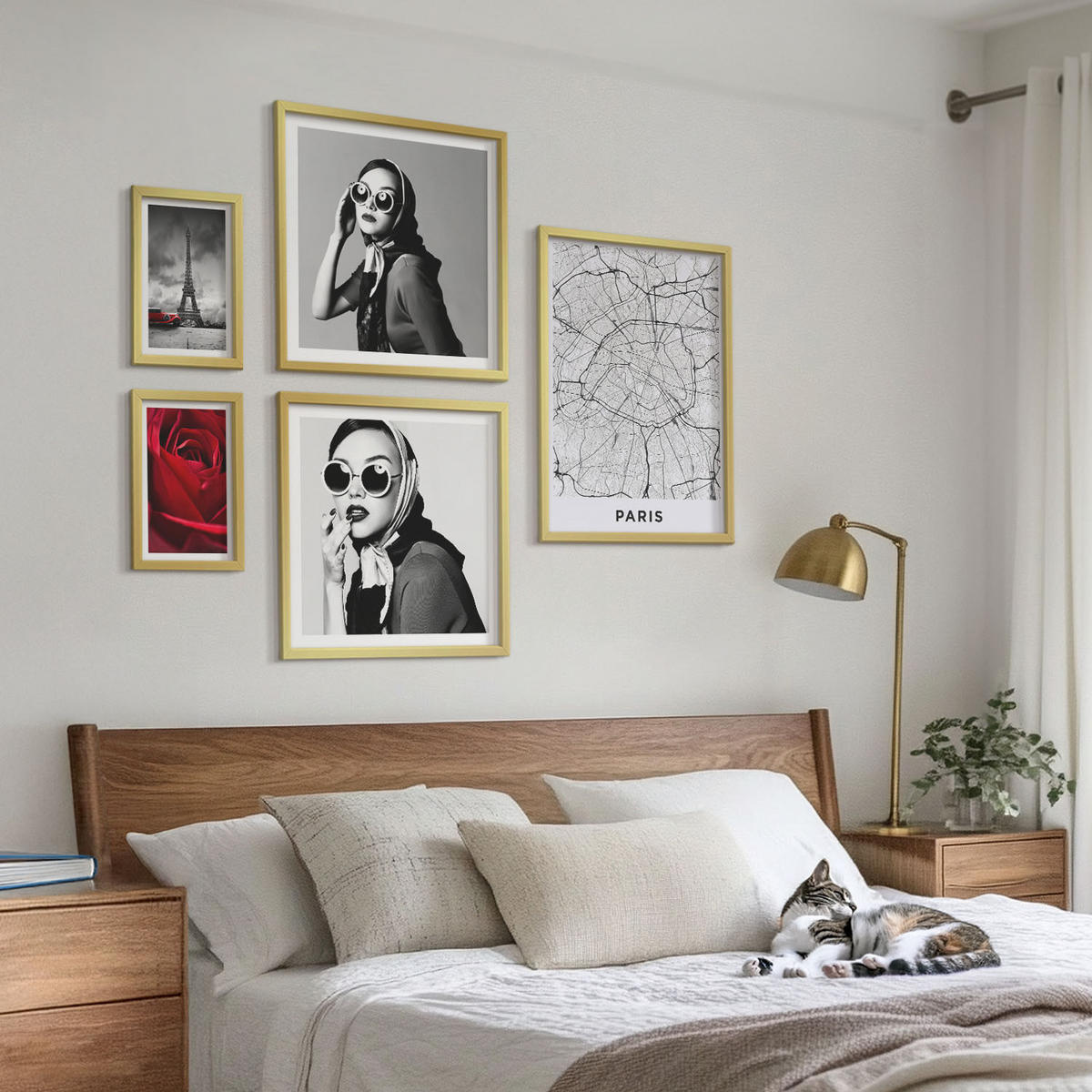 WANDBILDER 5er Set - 50x50 cm & 20x30 cm & 40x60 cm Goldrahmen - Pariserin mit Eiffelturmbrille - Goldfarben, Kunststoff (40/60cm) - ArtPrintCave