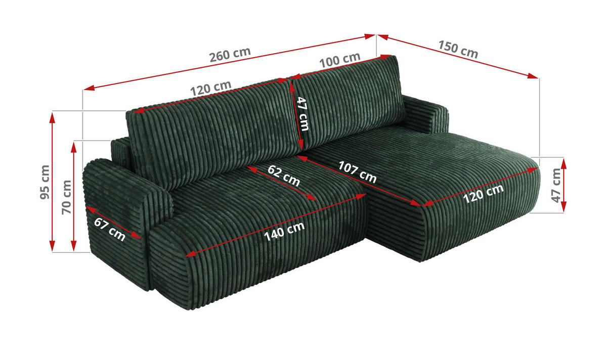 ECKSCHLAFSOFA TONO L Grün Cord - links - Schwarz/Grün, Kunststoff/Textil (260/150cm) - MKS