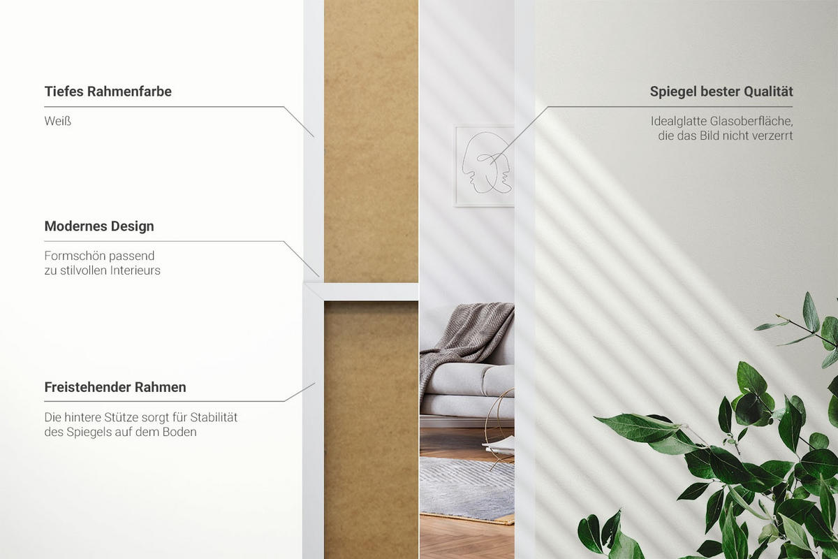 STANDSPIEGEL 156x36 cm – Weiße Rahmen - Weiß, Glas (156/36/0.4cm) - Wallfluent