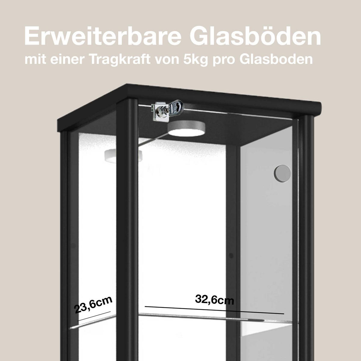 GLASVITRINE 33/37/176 cm mit Spiegel, LED, Schloss & 4 höhenverstellbaren Glasböden - Transparent/Silberfarben, Glas/Holzwerkstoff (37/176/33cm) - K-Möbel