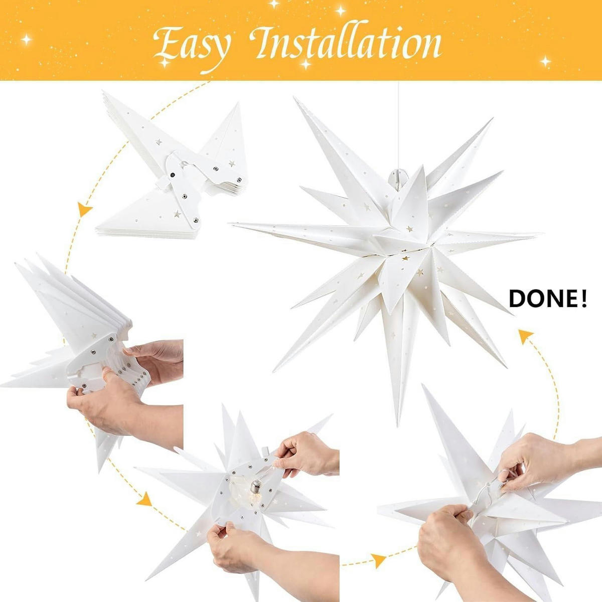 WEIHNACHTSSTERN 58 cm Hängend mit Timer Batteriebetrieben - Gelb, Papier (35/5/34cm)