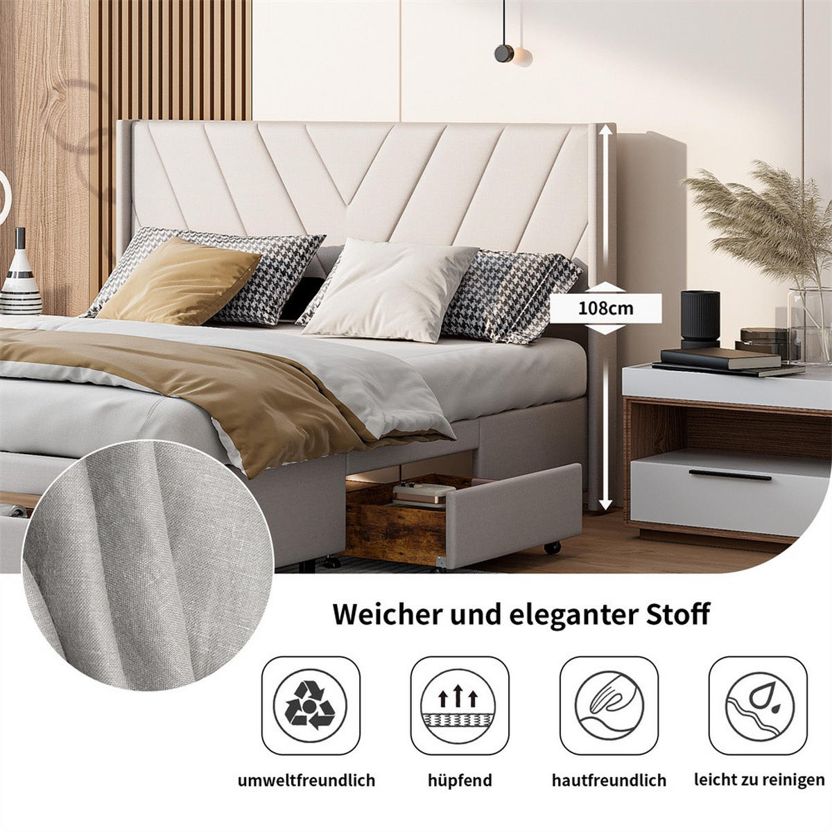 POLSTERBETT 140x200 cm mit 3 Schubladen - Kopfteil mit minimalistischem Liniendesign - ohne Matratze - Beige - Beige, Textil (140/200cm) - DELFA