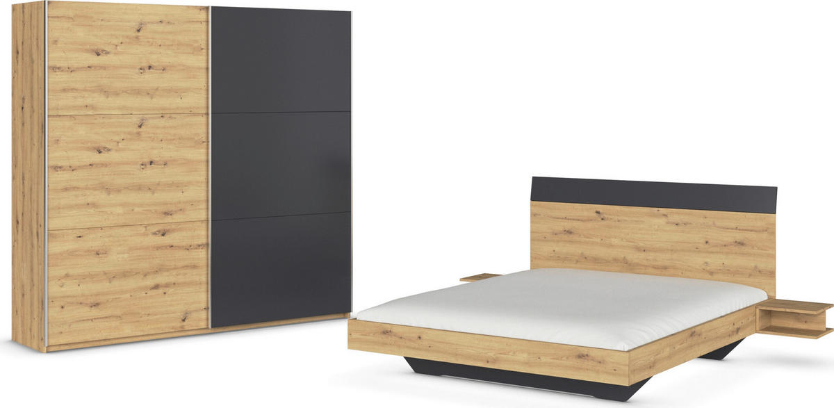 SCHLAFZIMMER Monza in Eiche Artisan und Grau Metallic mit Bettanlage 160x200cm, 2 Nachttischen und Schwebetürenkleiderschrank 4türig ohne Spiegel - Braun, Holzwerkstoff (80/200/120cm)