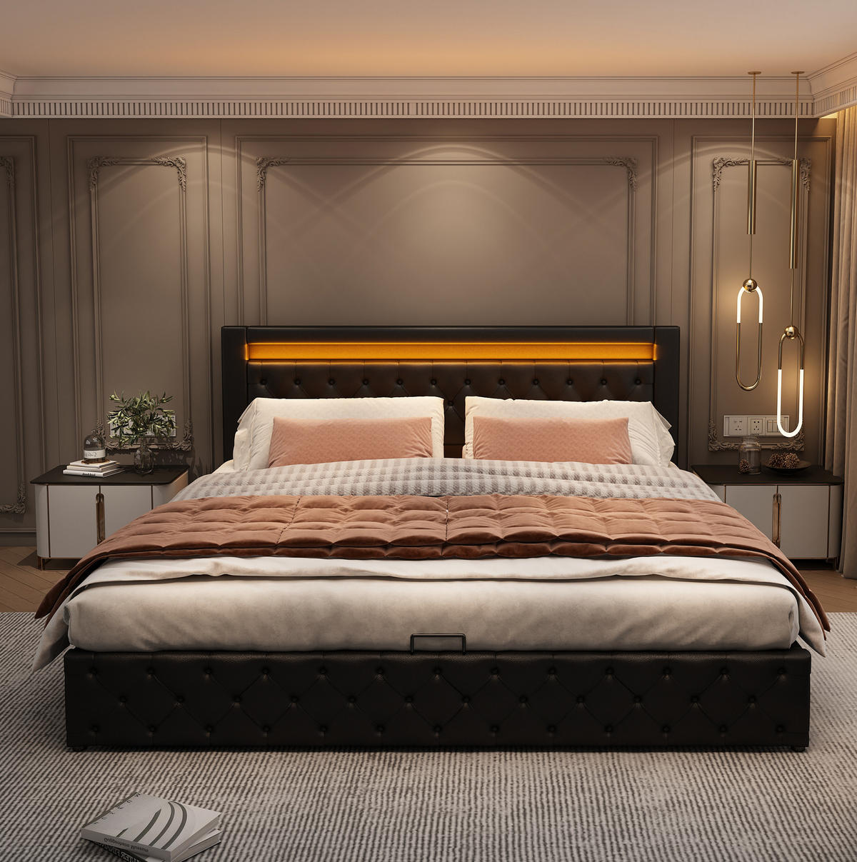 ČALOUNĚNÁ postel 180/200 cm černá, PU, s LED osvětlením a úložným prostorem - černá, plast (180/200cm) - BEAOK