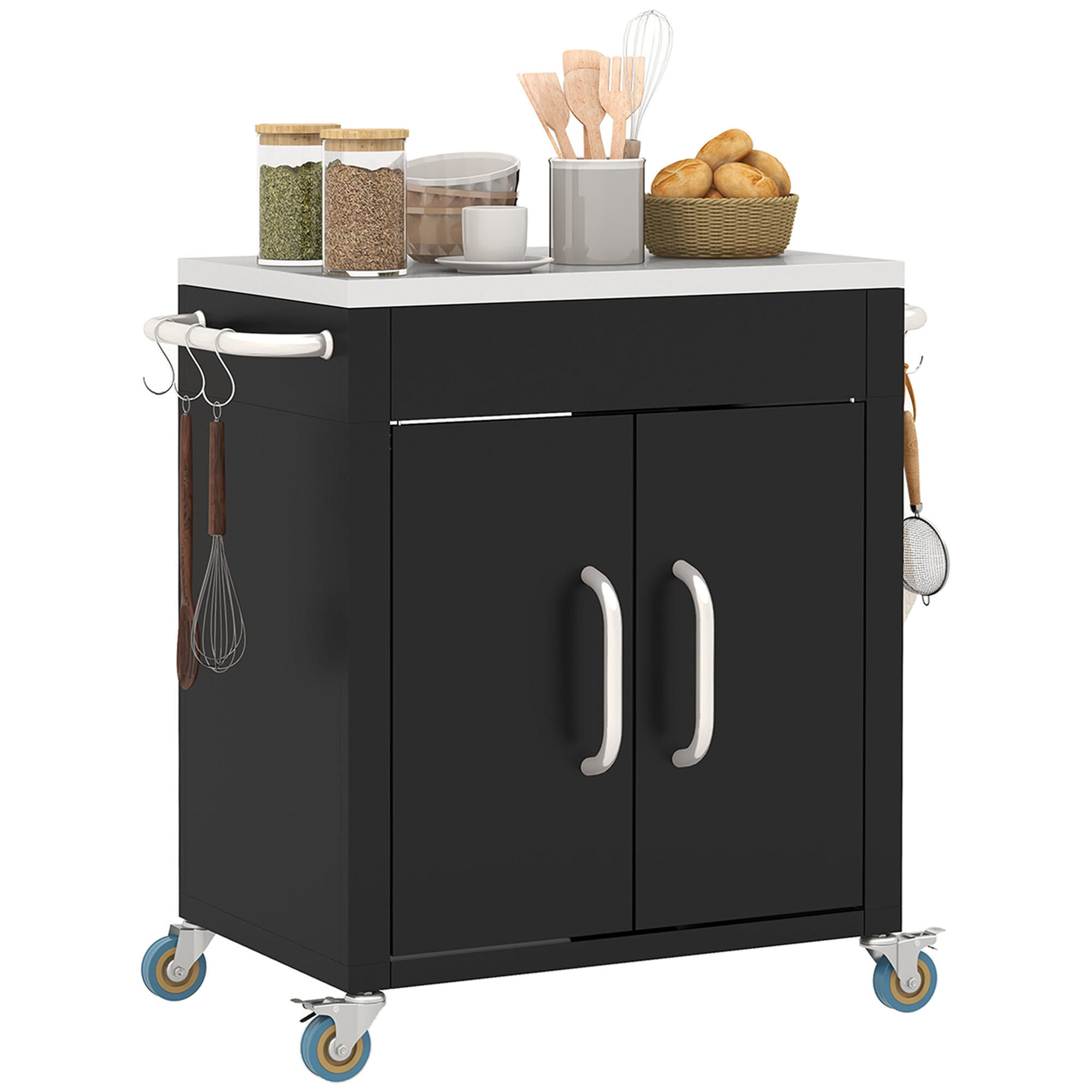 KÜCHENWAGEN, Edelstahl-Wagen mit Schrank und Haken, 86 x 50 x 86,5 cm, Schwarz - Multicolor, Metall (86/86.5/50cm) - FORIOUS