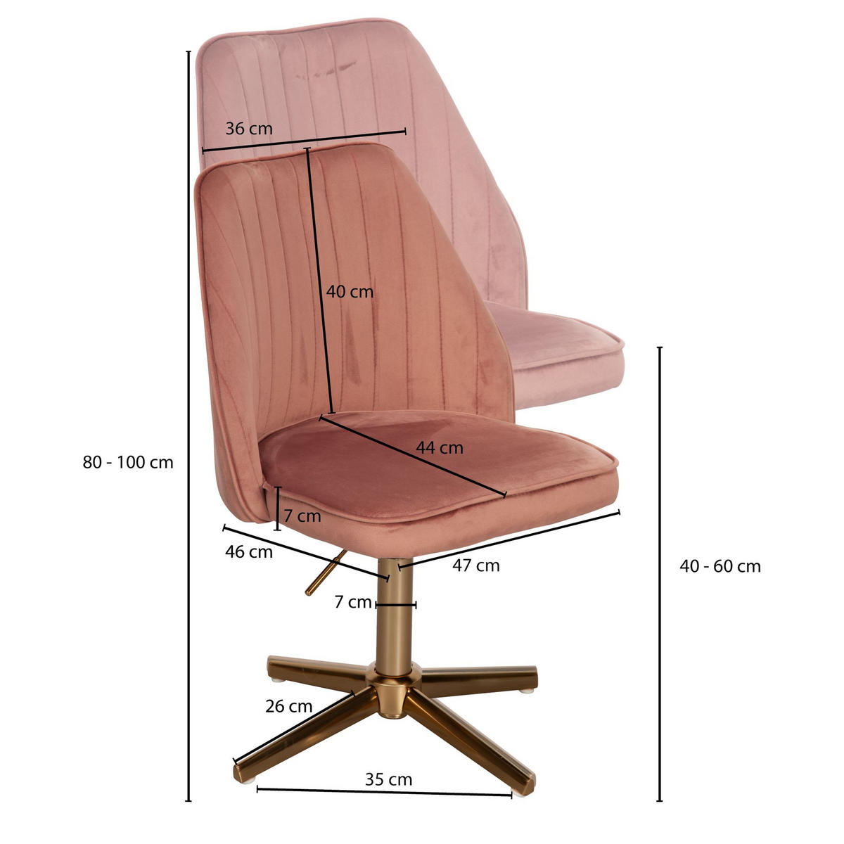 DREHSTUHL Samt mit Höhenverstellung, Eisenfuß und 360° Drehfunktion TANARO, Rosa - Pink/Goldfarben, Textil/Metall (60/100/60cm) - KADIMA DESIGN