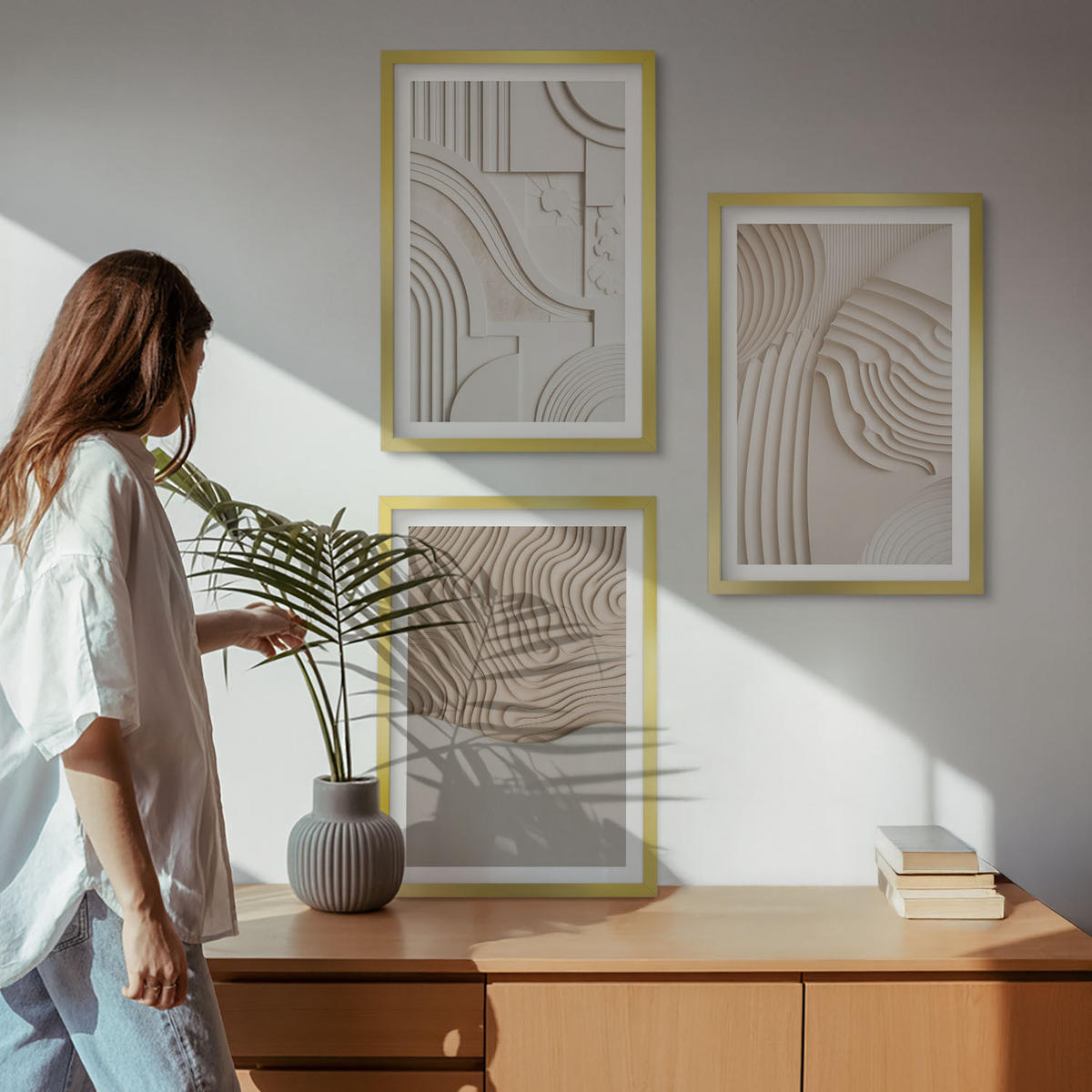BILDER SET 3er Set - 40x60 cm Goldrahmen - Abstrakte Muster beige weiß - Goldfarben, Kunststoff (40/60cm) - TULUP