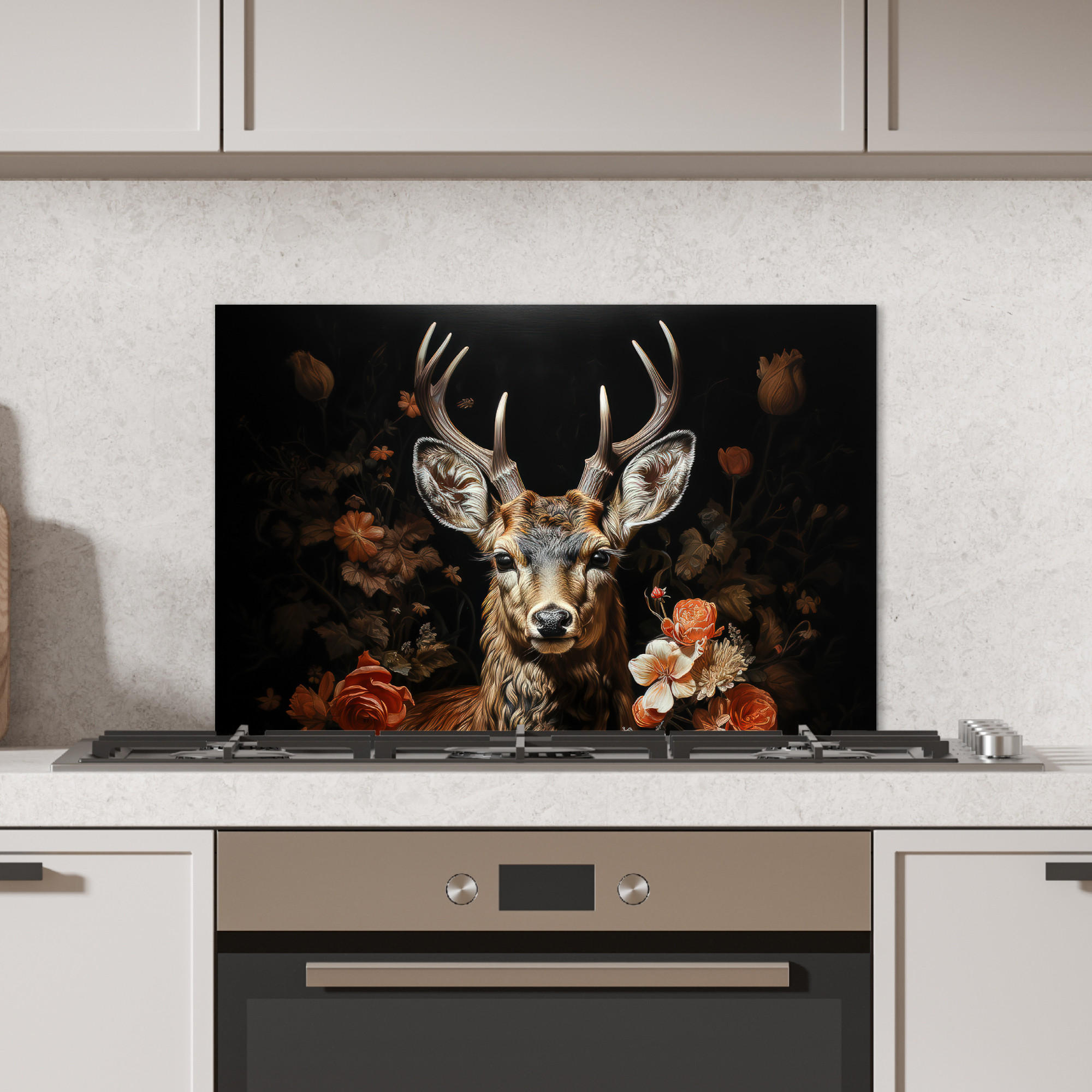 SPRITZSCHUTZ KÜCHE Hirsch - Tier - Blumen - Natur - Botanisch 60x40 cm - Kupferfarben, Metall (60/0.3/40cm) - MuchoWow