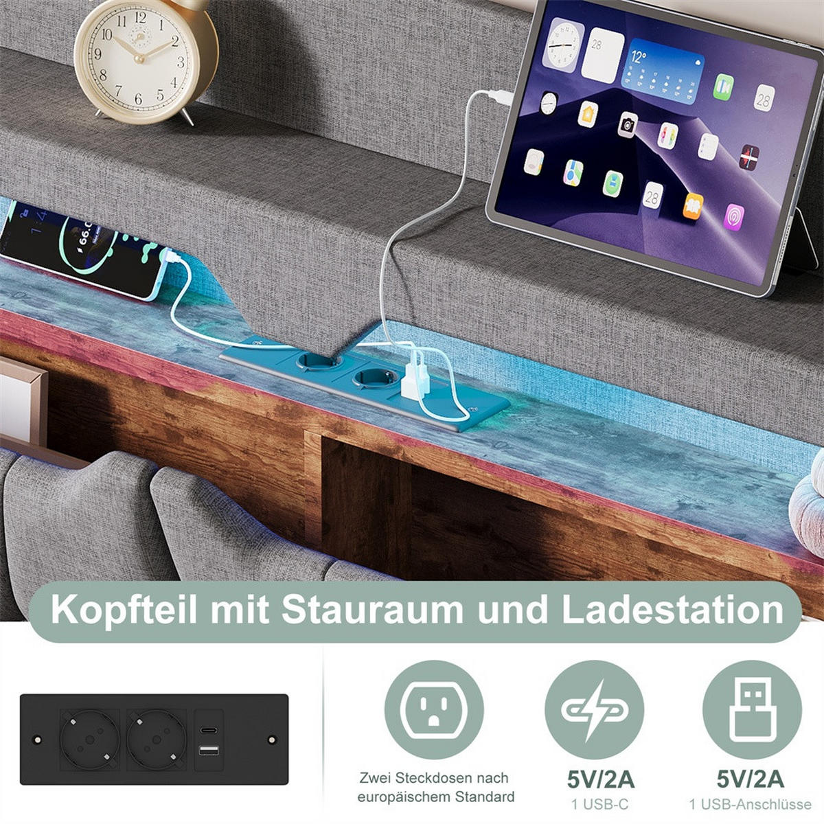 POLSTERBETT 140x200 cm mit LED-Kopfteilbeleuchtung, Ladefunktion und hydraulischem Bettkasten - Hellgrau - Grau, Textil (140/200cm) - DELFA