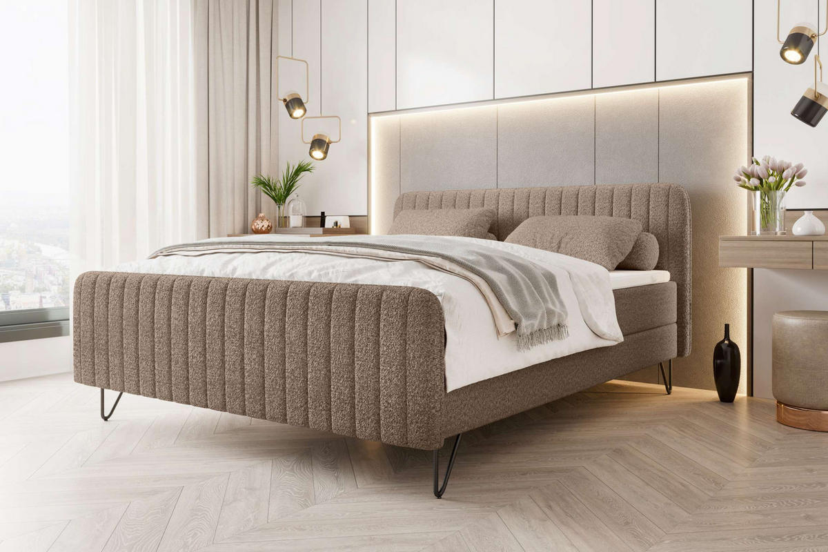 BOXSPRINGBETT LUCIO Bouclé-Stoff Taupe 160/200 cm - Taupe/Schwarz, Textil/Metall (160/200cm) - 99rooms