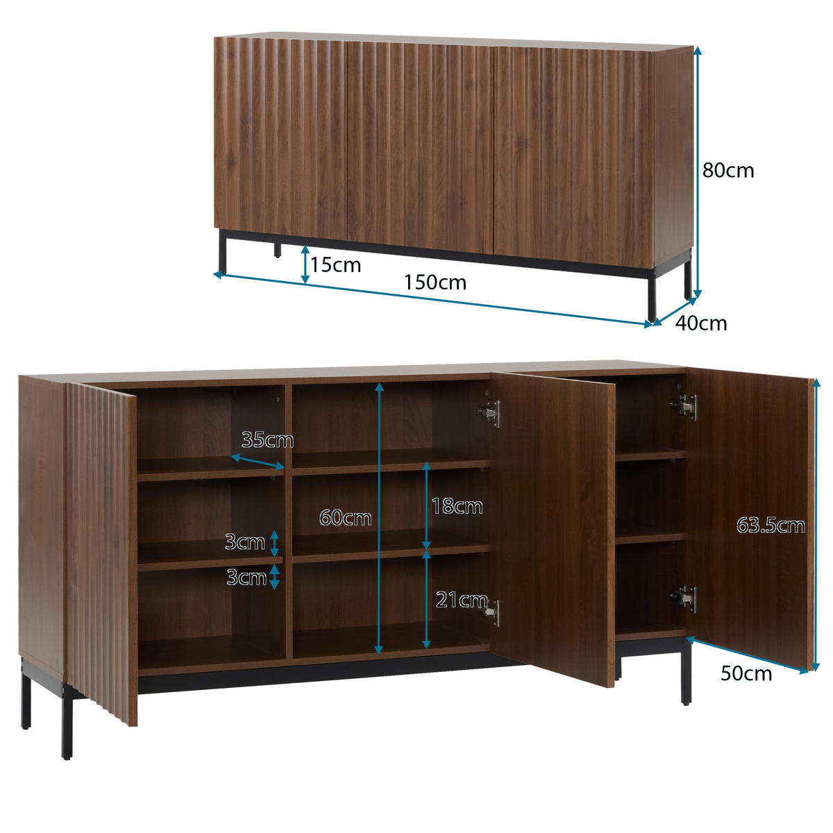SIDEBOARD mit 2 verstellbaren Regalen und Wellen-Tür-Design - Braun, Holzwerkstoff/Metall (150/80/40cm) - Urban Meuble