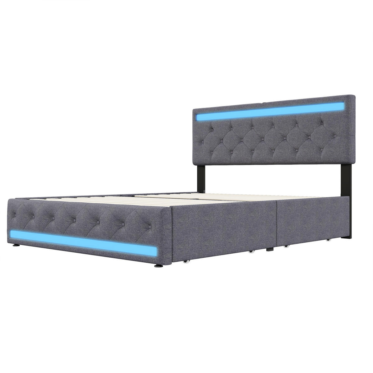 POLSTERBETT 140x190 cm mit RGB-LED-Beleuchtung, USB-Ladestation und 4 Schubladen, Dunkelgrau - Grau, Textil (140/190cm) - DELFA
