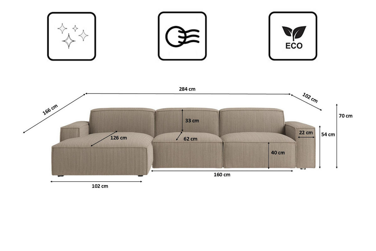 ECKSOFA Cursal L-Form, Stoff Poso, Dunkelbeige, Links - Beige, Holz (284/166cm) - Kaiser Möbel