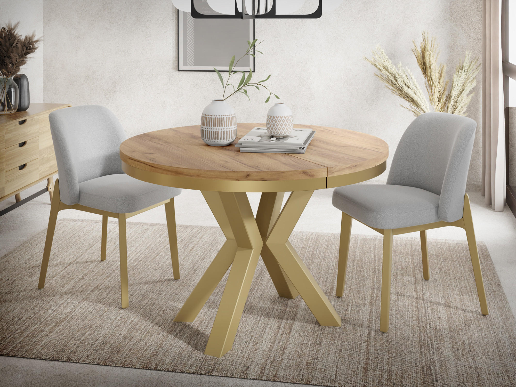 ESSTISCH Clara Gold runder ausziehbarer, Craft Eiche 100-180/100/76 cm - Eiche Wotan/Goldfarben, Holzwerkstoff/Metall (100/100/76cm) - WFL GROUP