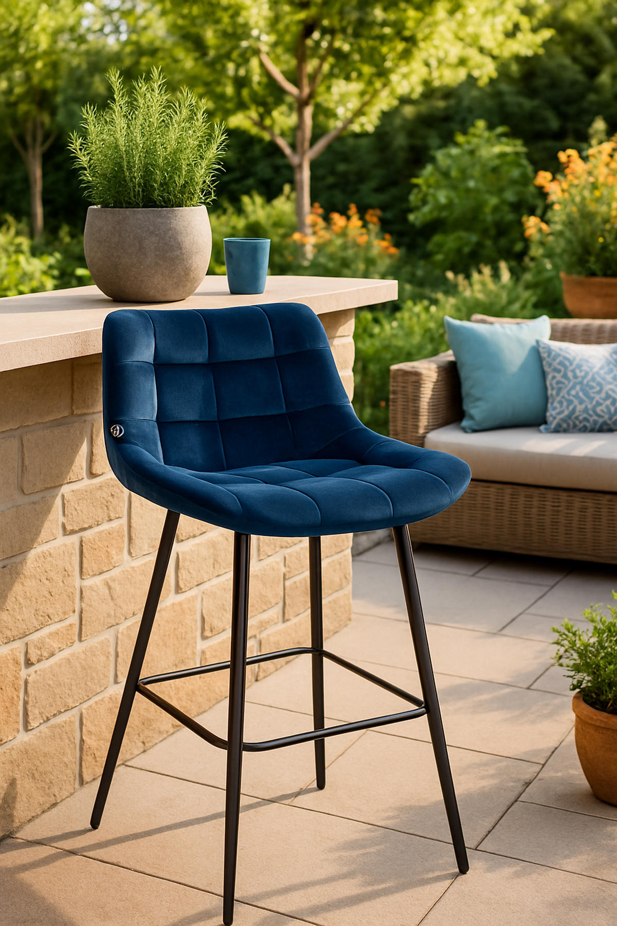 BARHOCKER Welton Samt blau - Blau/Schwarz, Textil/Metall (49/104/56cm) - TPFLiving