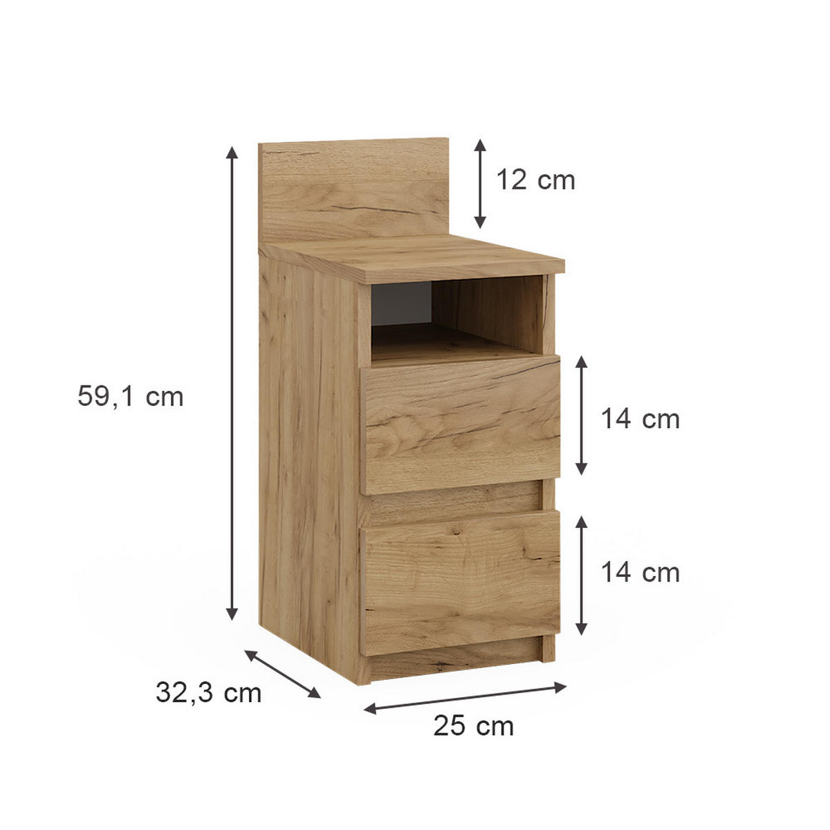 NACHTTISCH Monty Goldkraft Eiche 25 x 59.1 cm mit 2 Schubladen - Eiche Wotan, Holzwerkstoff (25/59.1/32.3cm) - Vicco